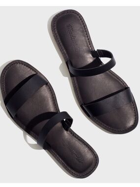 Madewell • Boardwalk sandals Black Leather Flat Double Leather Strap Slides Sz 9